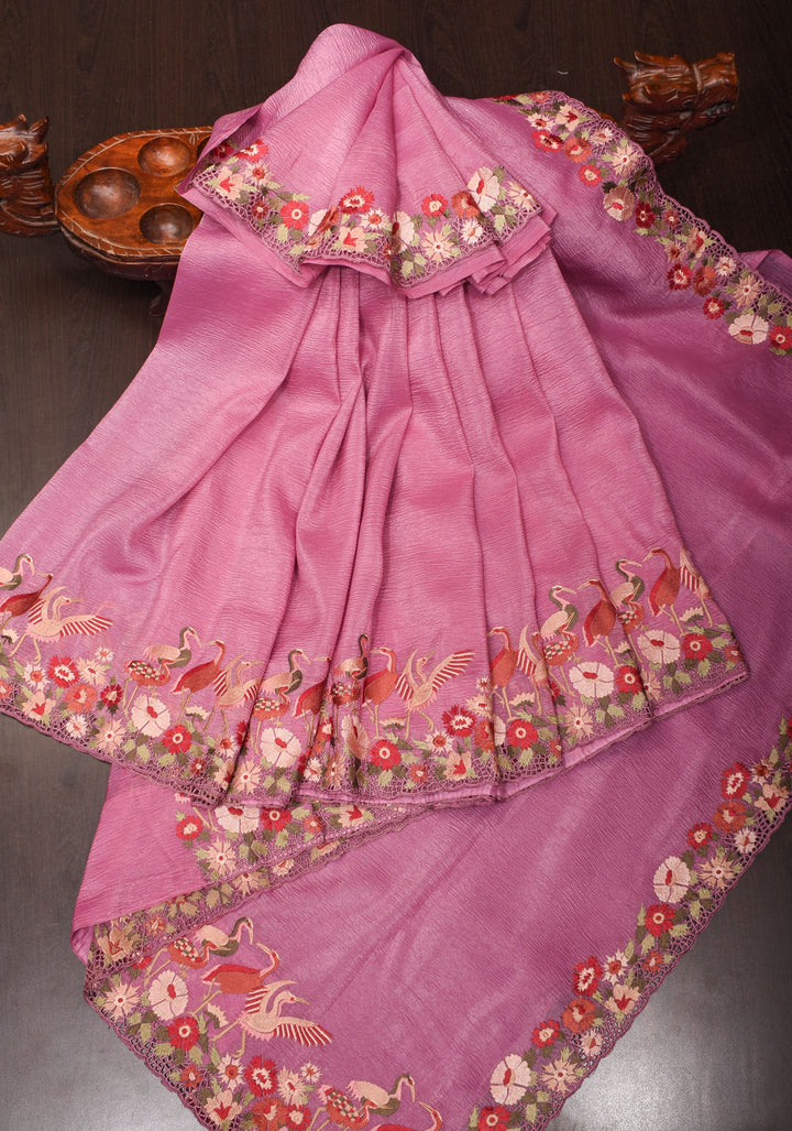 Thistle Pink Crushed Shimmer Georgette Saree with  Meenakari floral embroidery and Cutwork
