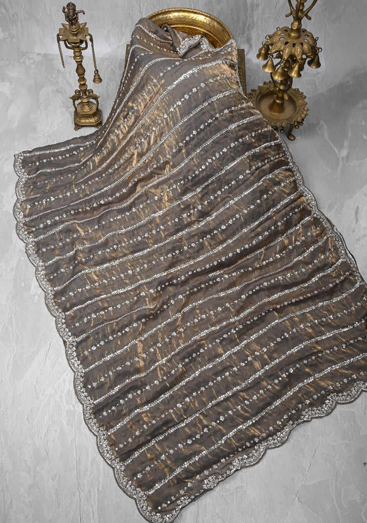 Blue  Gold Sequin Embellished Chinon Saree with Scallop Border