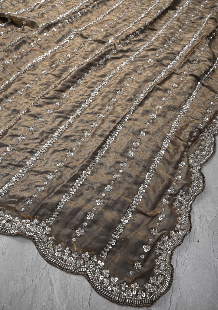 Blue  Gold Sequin Embellished Chinon Saree with Scallop Border