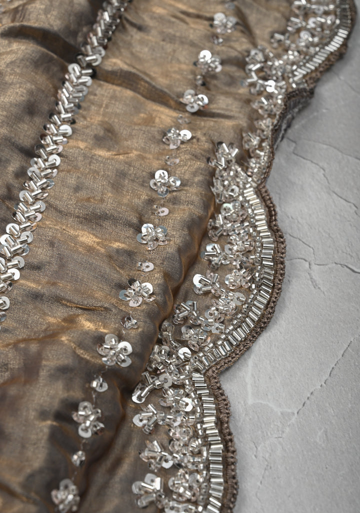Blue  Gold Sequin Embellished Chinon Saree with Scallop Border