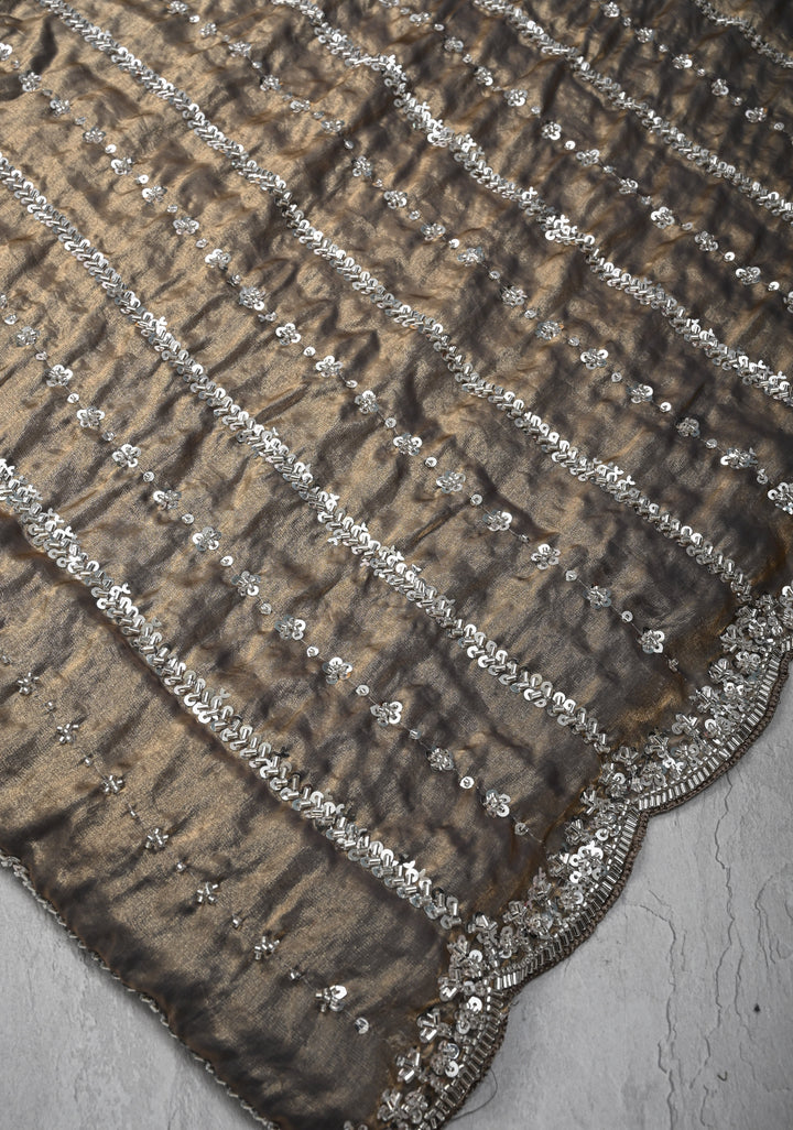 Blue  Gold Sequin Embellished Chinon Saree with Scallop Border
