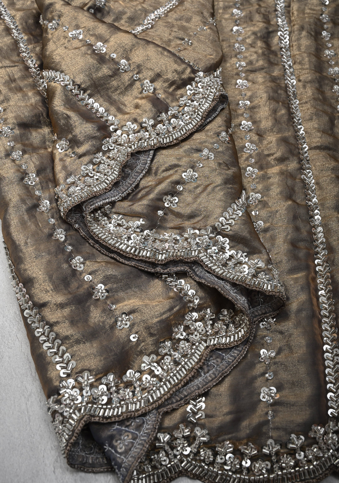 Blue  Gold Sequin Embellished Chinon Saree with Scallop Border