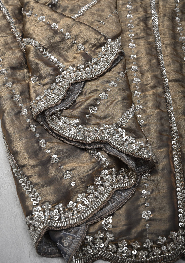 Blue  Gold Sequin Embellished Chinon Saree with Scallop Border