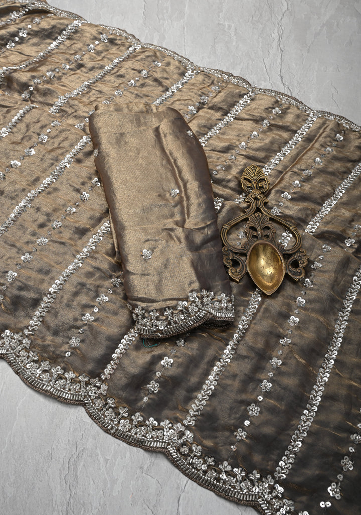 Blue  Gold Sequin Embellished Chinon Saree with Scallop Border