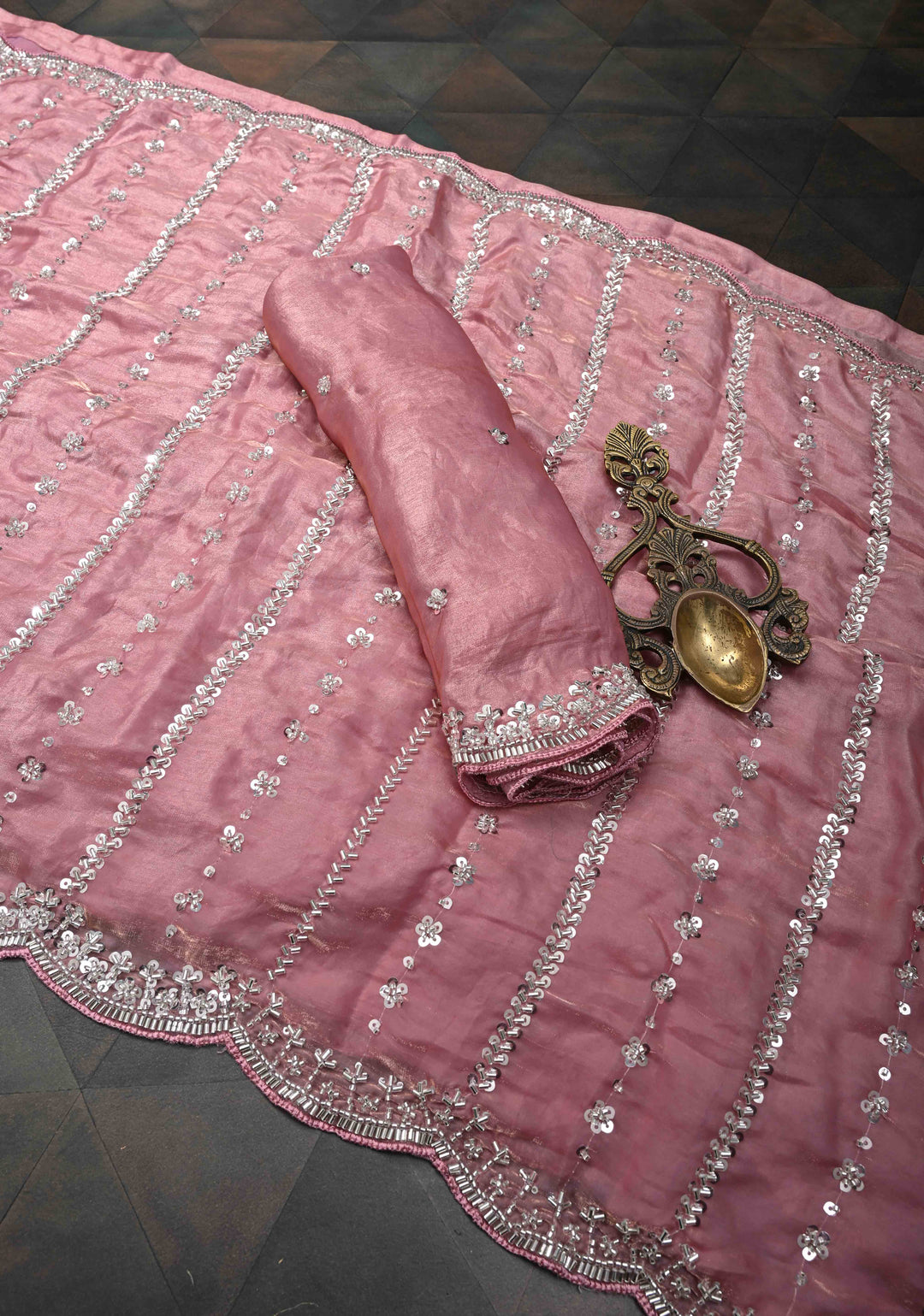 Blush Pink Sequin Embellished Chinon Saree with Scallop Border