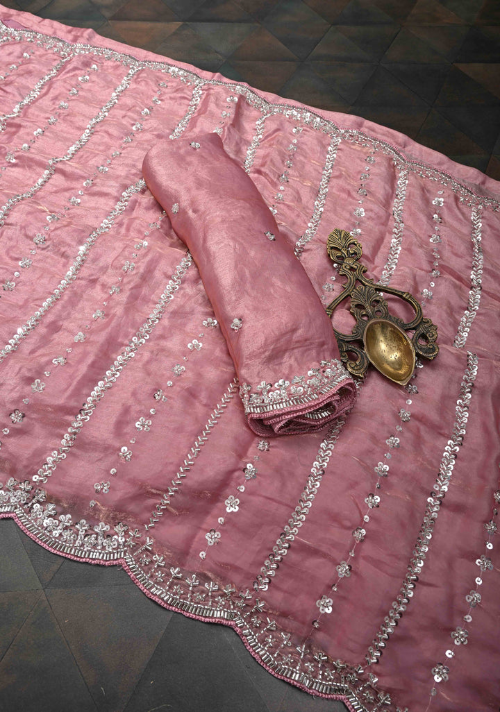Blush Pink Sequin Embellished Chinon Saree with Scallop Border