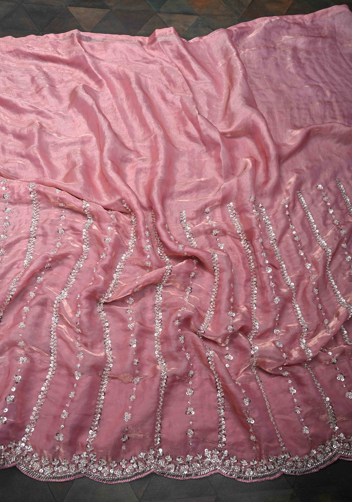 Blush Pink Sequin Embellished Chinon Saree with Scallop Border