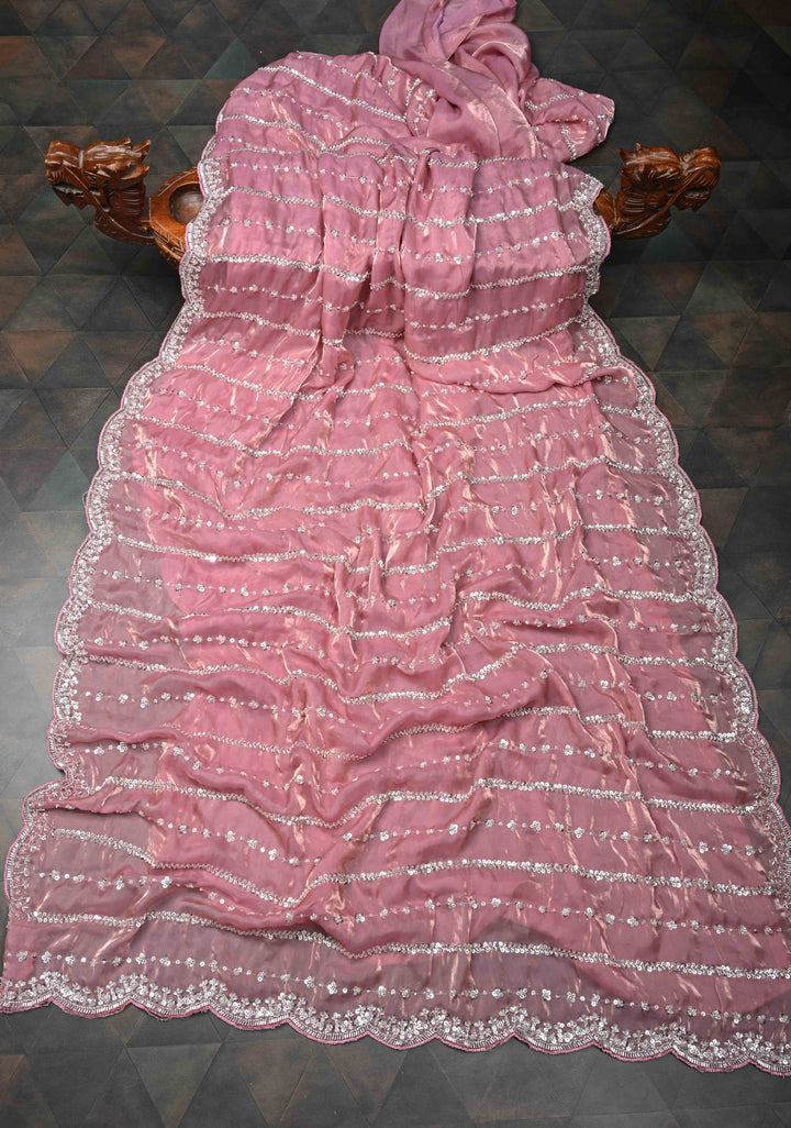 Blush Pink Sequin Embellished Chinon Saree with Scallop Border