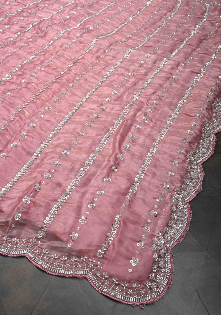 Blush Pink Sequin Embellished Chinon Saree with Scallop Border
