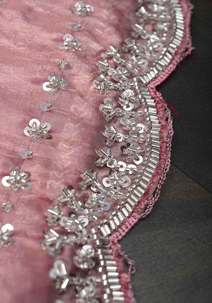 Blush Pink Sequin Embellished Chinon Saree with Scallop Border