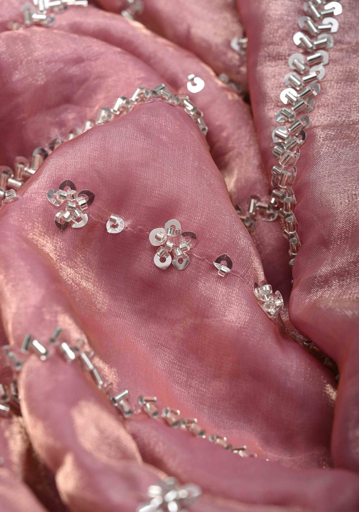 Blush Pink Sequin Embellished Chinon Saree with Scallop Border