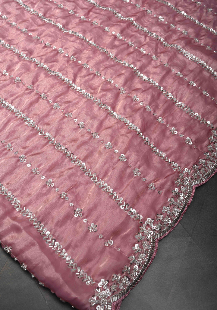 Blush Pink Sequin Embellished Chinon Saree with Scallop Border