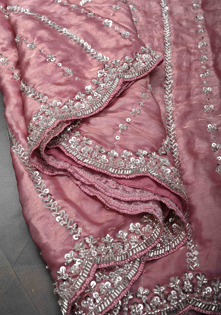 Blush Pink Sequin Embellished Chinon Saree with Scallop Border