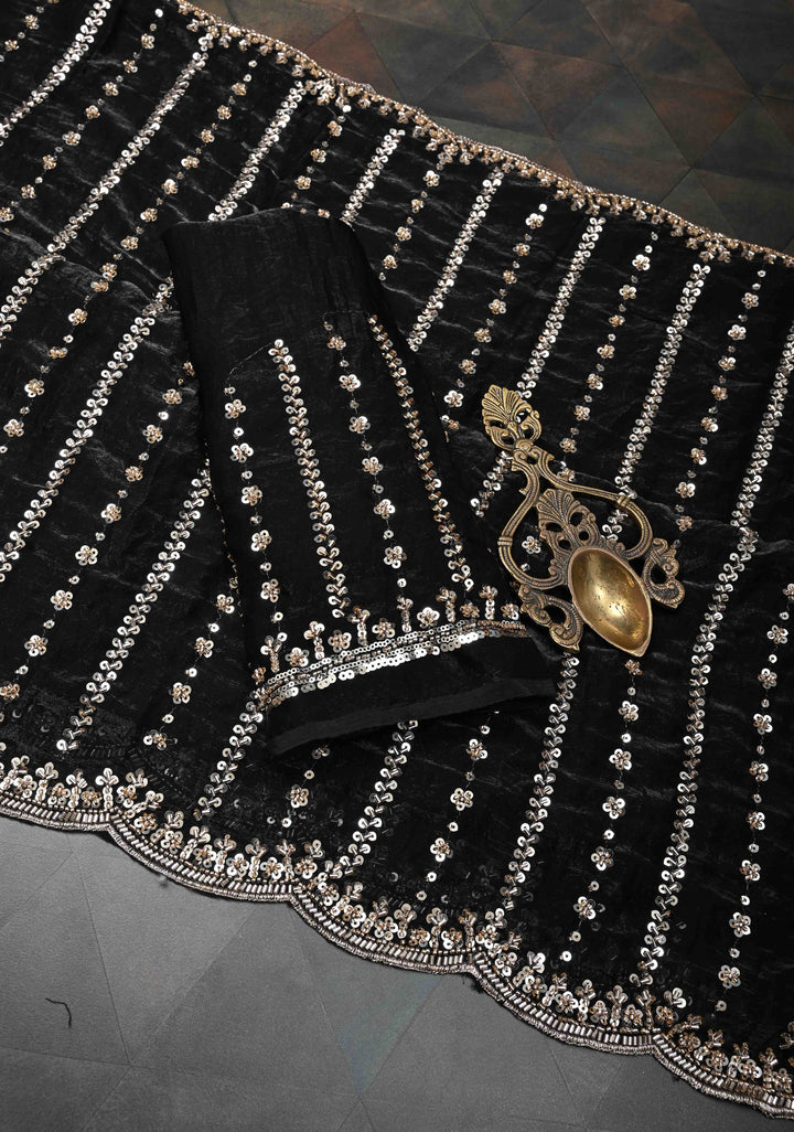 Black Sequin Embellished Chinon Saree with Scallop Border