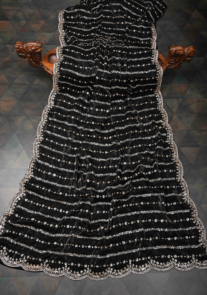 Black Sequin Embellished Chinon Saree with Scallop Border