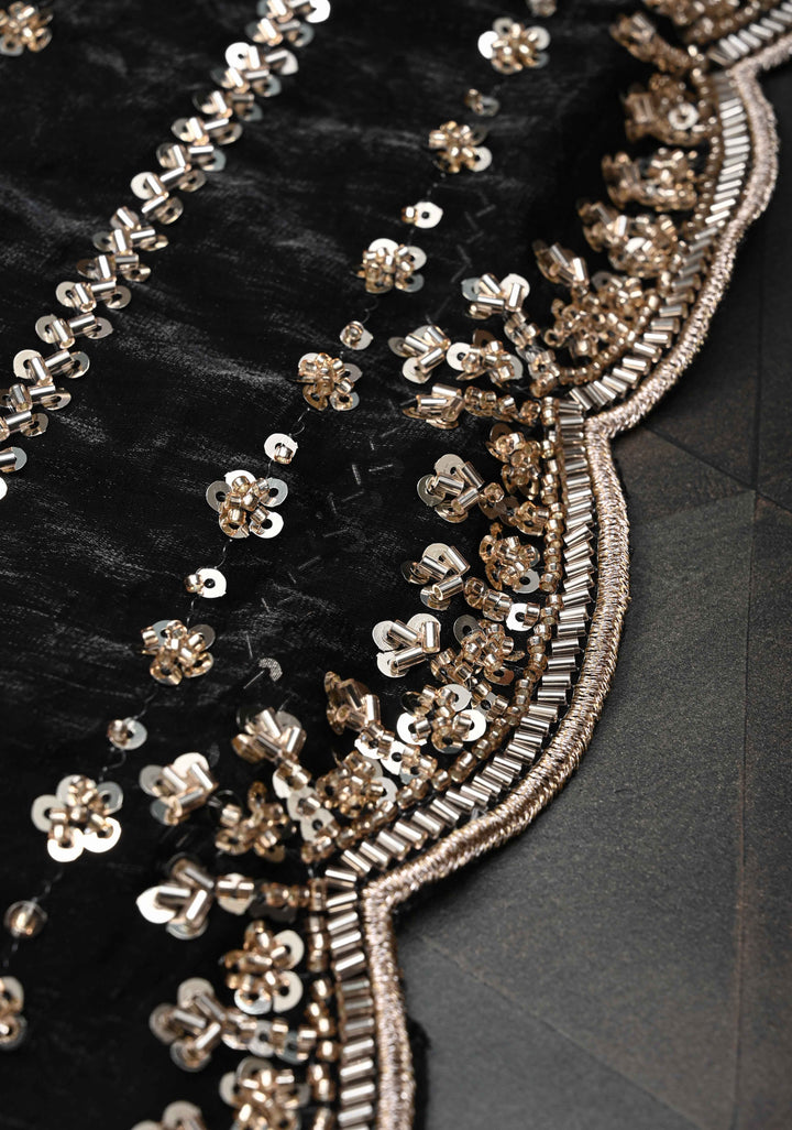Black Sequin Embellished Chinon Saree with Scallop Border