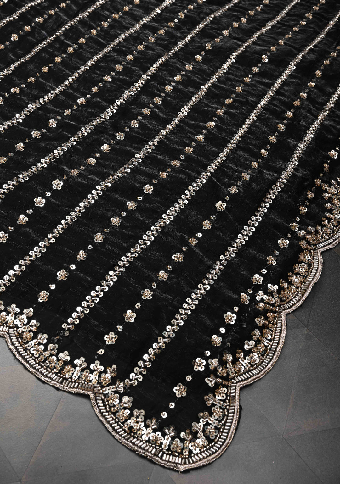 Black Sequin Embellished Chinon Saree with Scallop Border