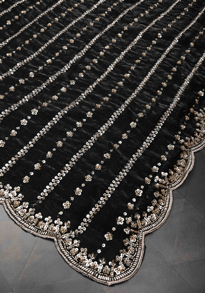 Black Sequin Embellished Chinon Saree with Scallop Border
