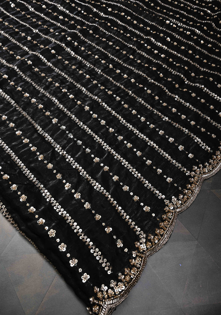 Black Sequin Embellished Chinon Saree with Scallop Border