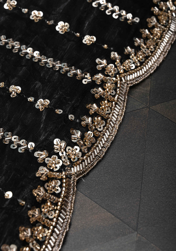 Black Sequin Embellished Chinon Saree with Scallop Border