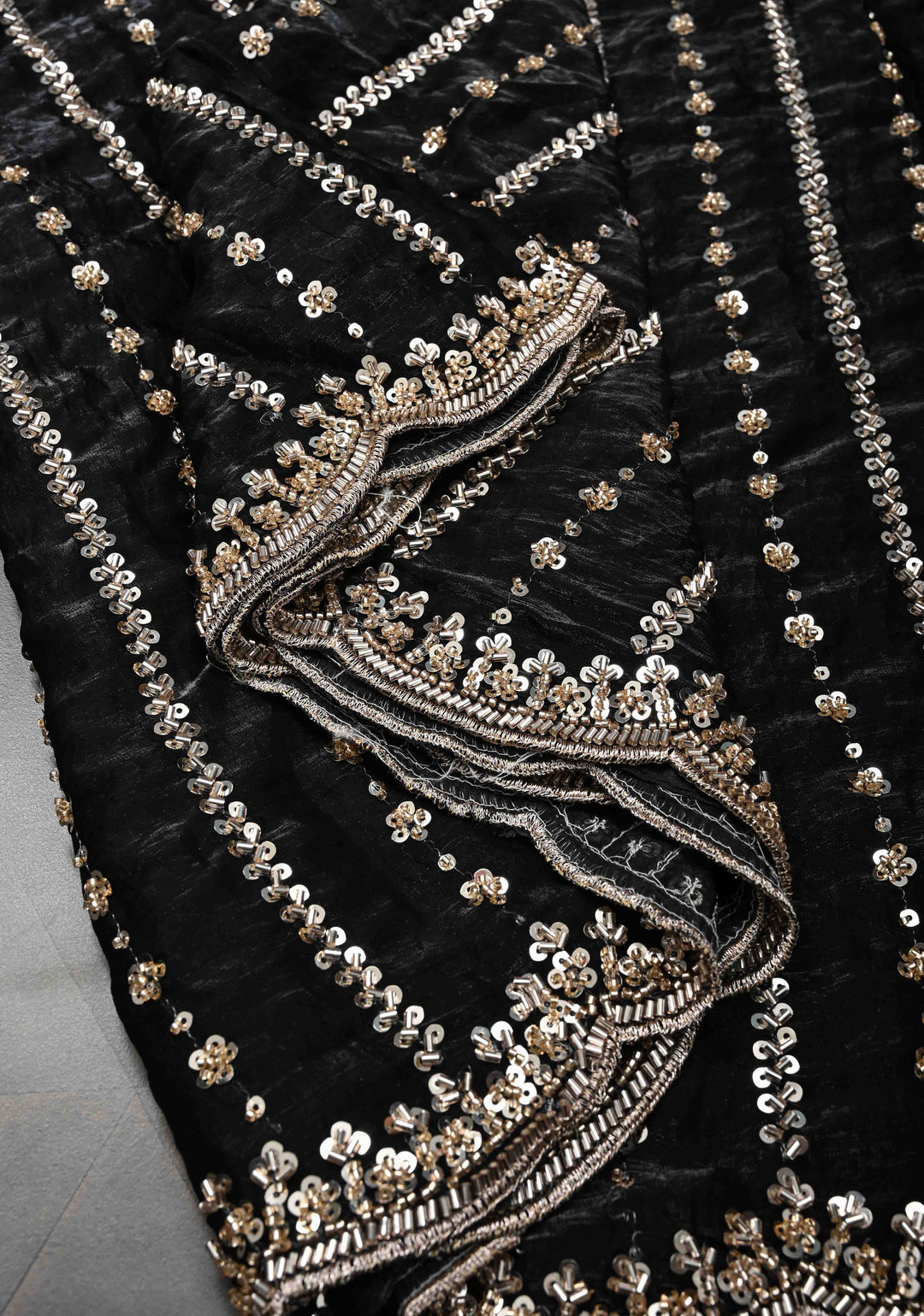 Black Sequin Embellished Chinon Saree with Scallop Border