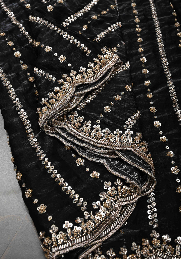 Black Sequin Embellished Chinon Saree with Scallop Border