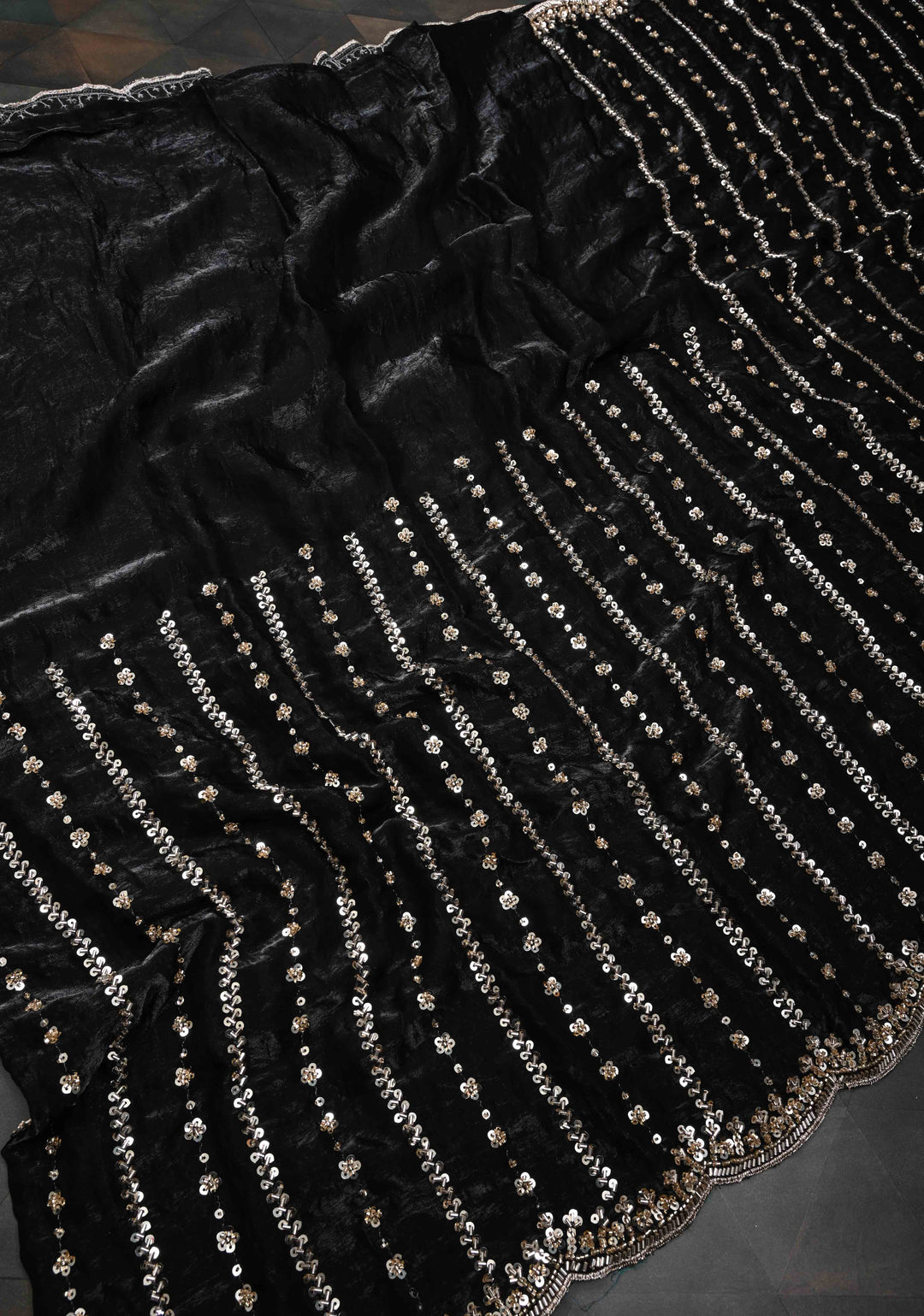 Black Sequin Embellished Chinon Saree with Scallop Border