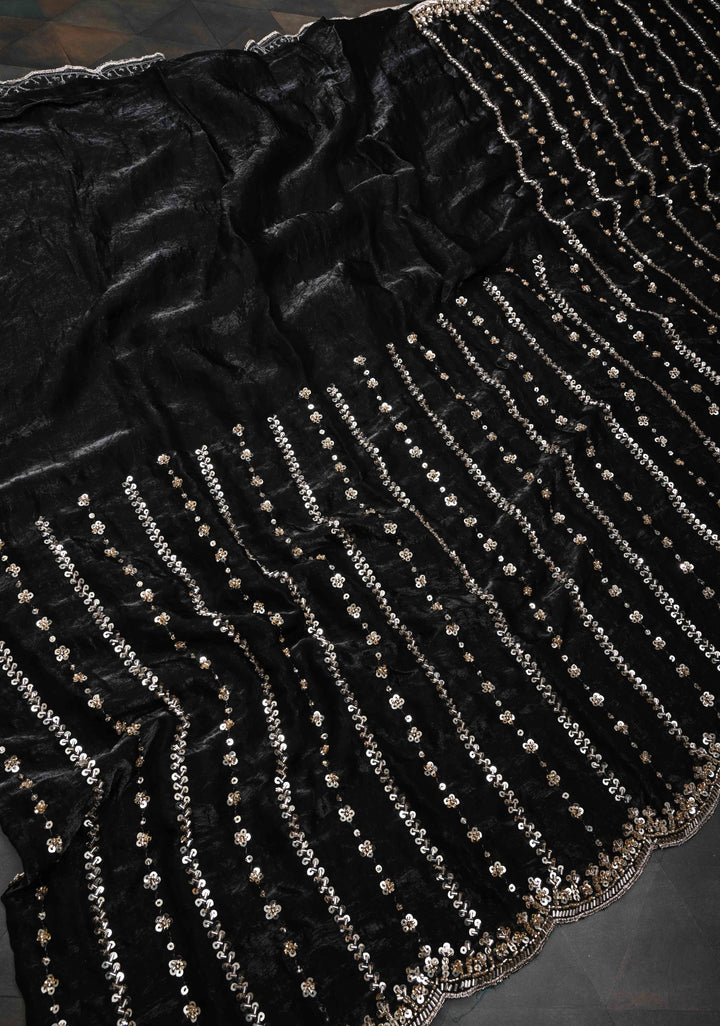 Black Sequin Embellished Chinon Saree with Scallop Border