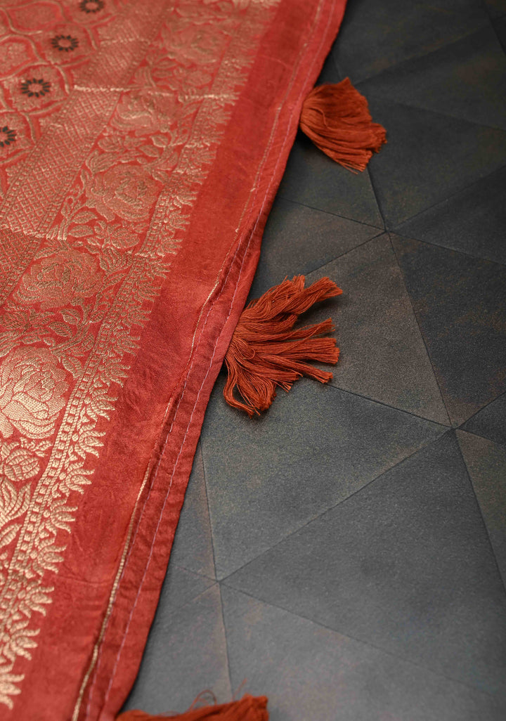 Dark Coral Viscose Saree with Meenakari Floral Jaal and Zari Border