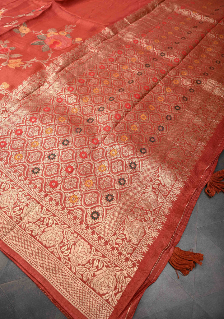 Dark Coral Viscose Saree with Meenakari Floral Jaal and Zari Border