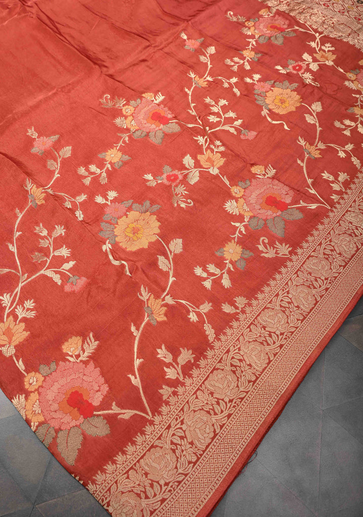Dark Coral Viscose Saree with Meenakari Floral Jaal and Zari Border