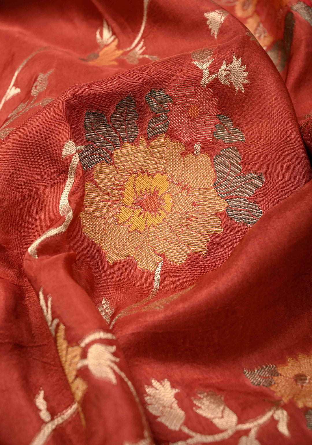 Dark Coral Viscose Saree with Meenakari Floral Jaal and Zari Border