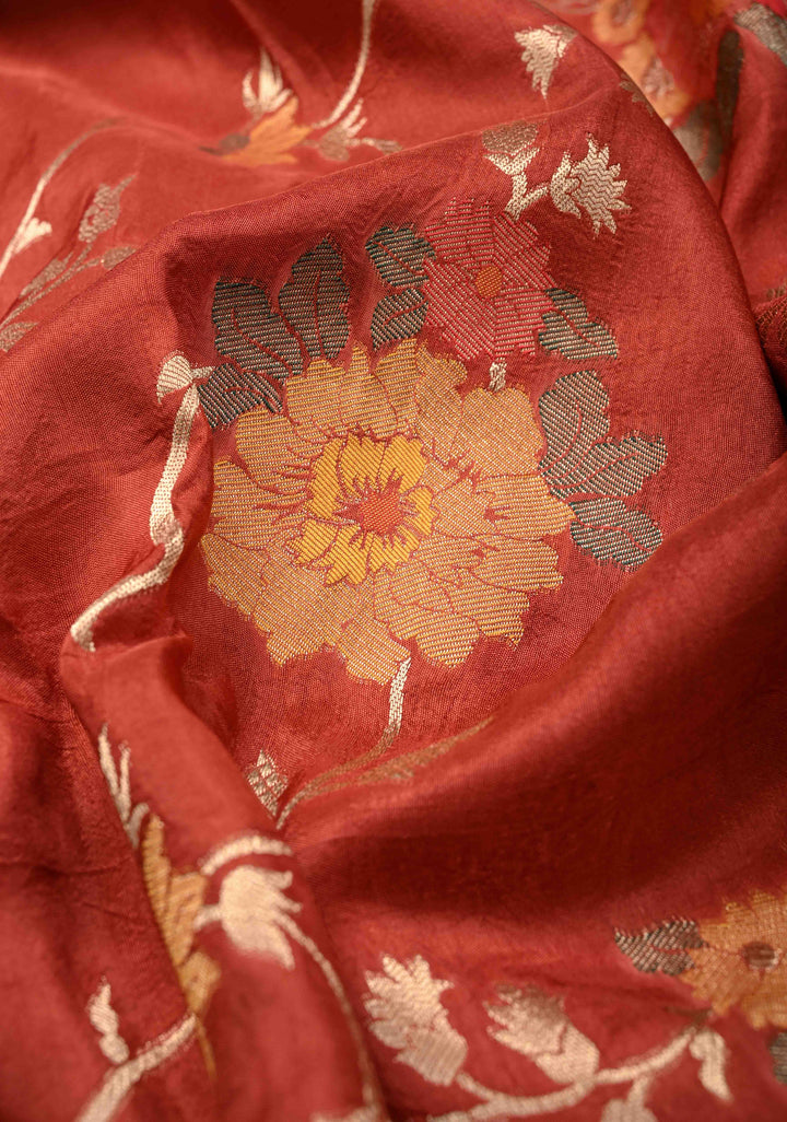 Dark Coral Viscose Saree with Meenakari Floral Jaal and Zari Border