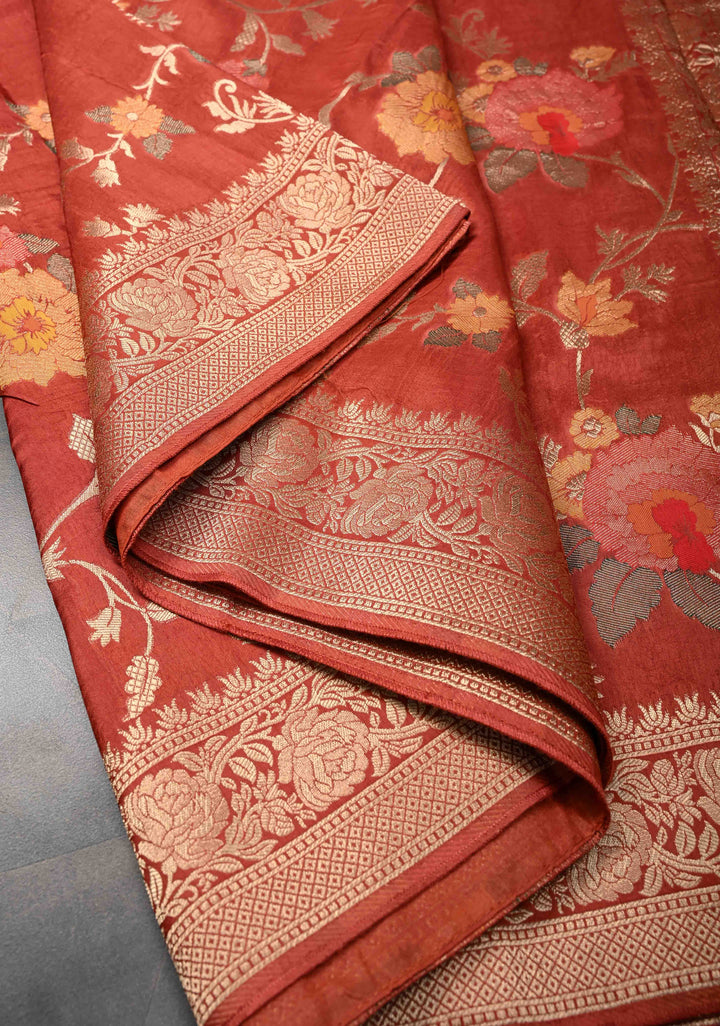 Dark Coral Viscose Saree with Meenakari Floral Jaal and Zari Border