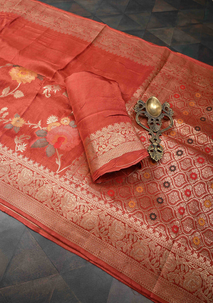 Dark Coral Viscose Saree with Meenakari Floral Jaal and Zari Border