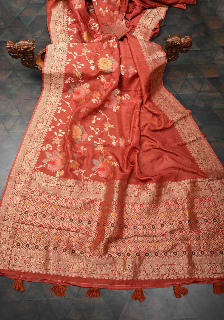 Dark Coral Viscose Saree with Meenakari Floral Jaal and Zari Border