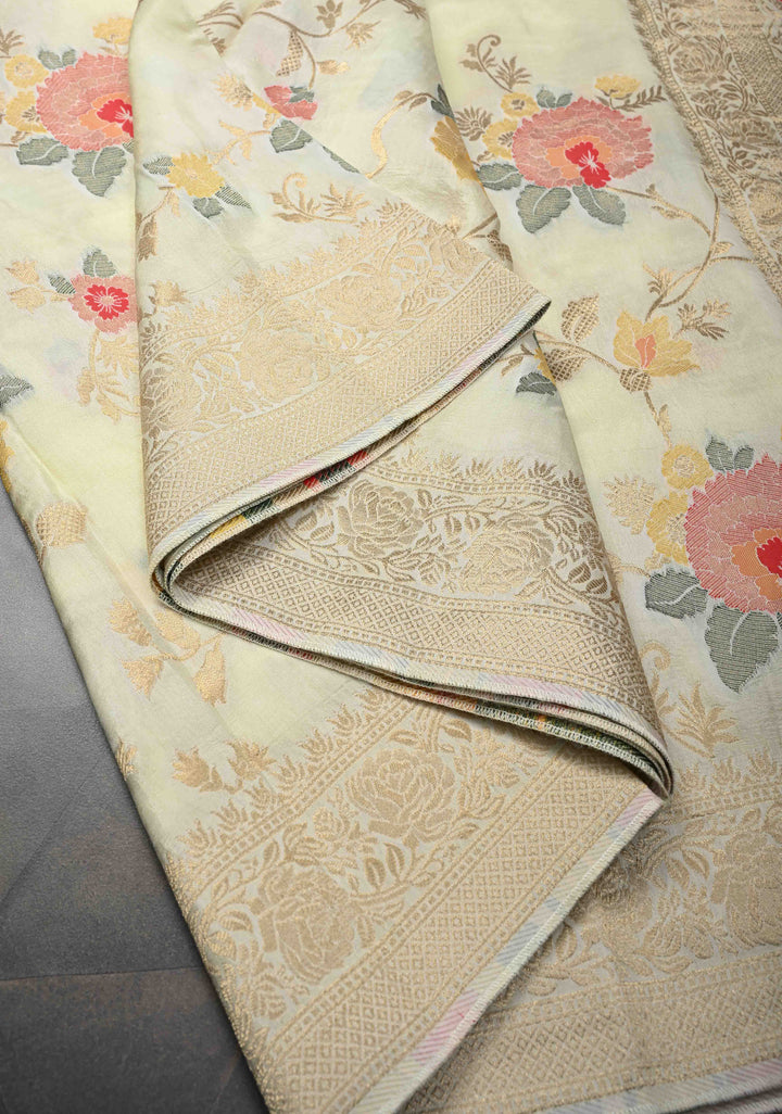 Exquisite Cream Viscose Saree with Meenakari Floral Jaal and Zari Border