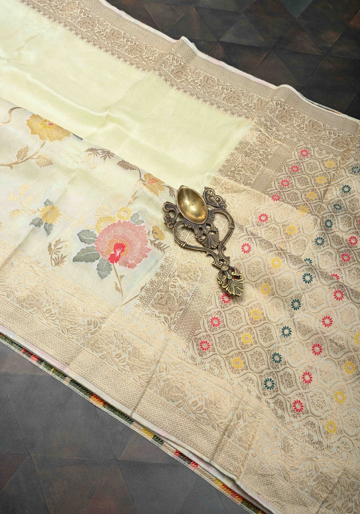 Exquisite Cream Viscose Saree with Meenakari Floral Jaal and Zari Border