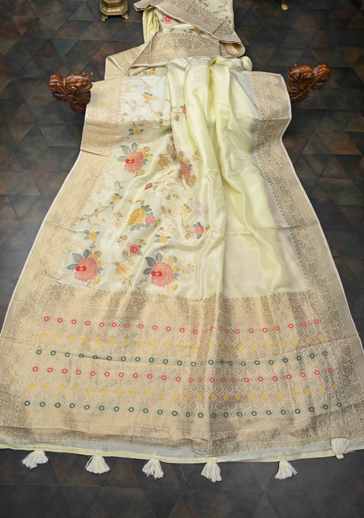 Exquisite Cream Viscose Saree with Meenakari Floral Jaal and Zari Border