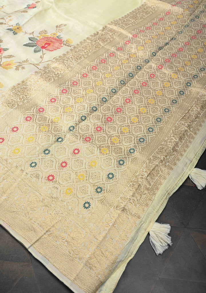 Exquisite Cream Viscose Saree with Meenakari Floral Jaal and Zari Border
