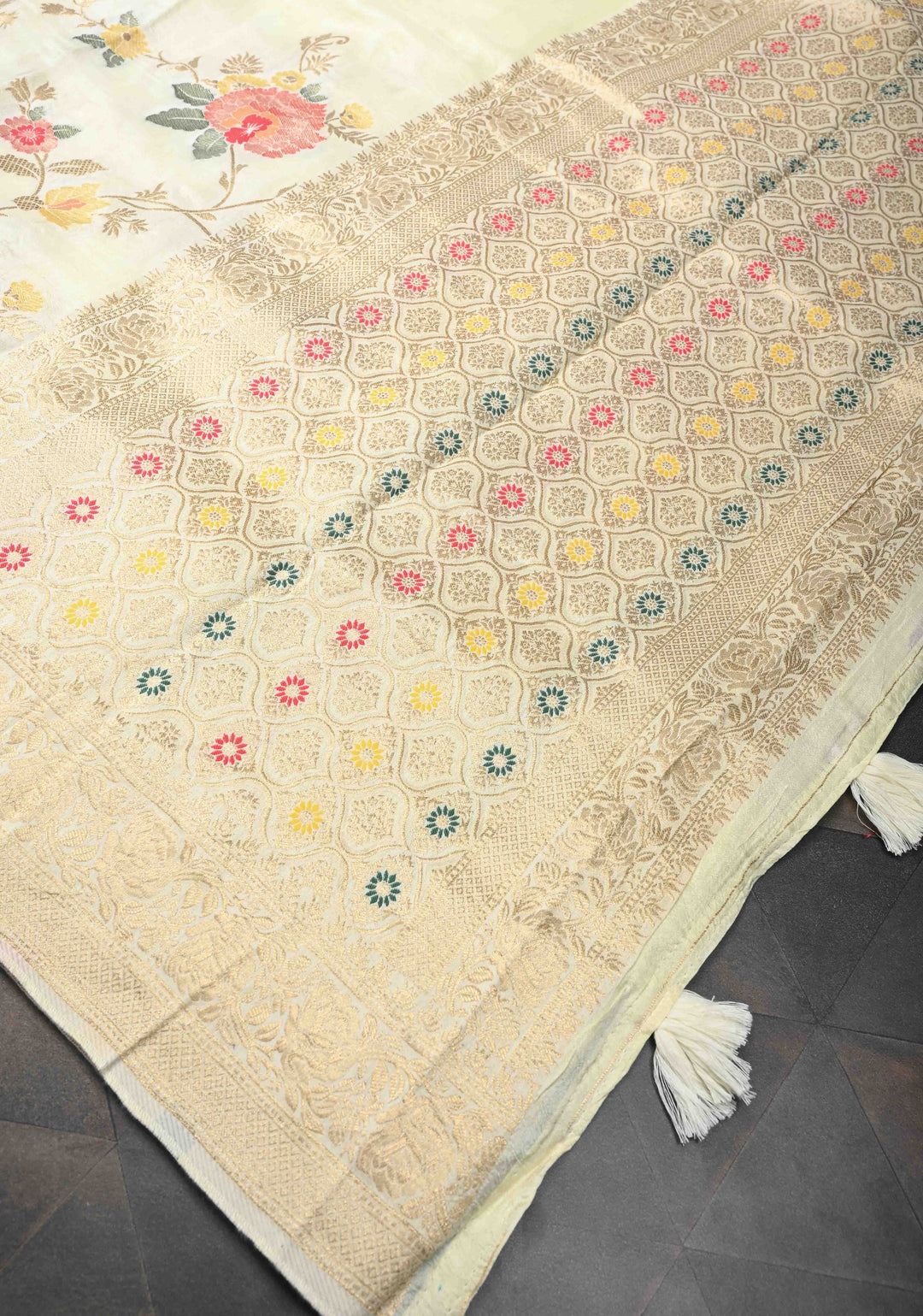 Exquisite Cream Viscose Saree with Meenakari Floral Jaal and Zari Border