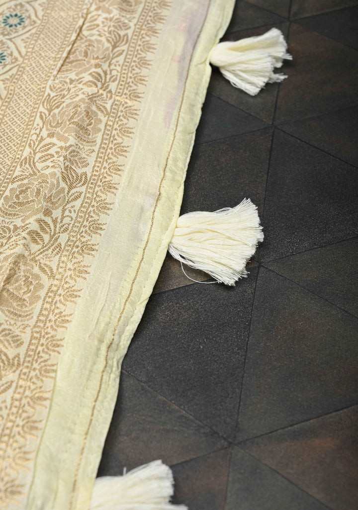 Exquisite Cream Viscose Saree with Meenakari Floral Jaal and Zari Border