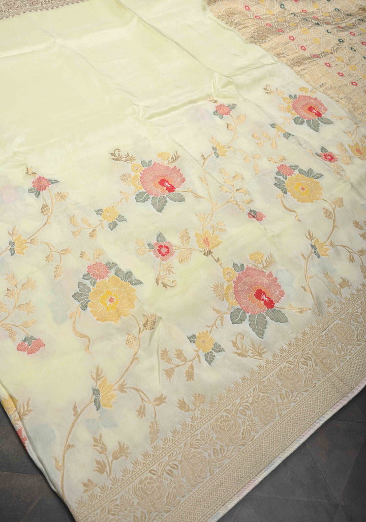 Exquisite Cream Viscose Saree with Meenakari Floral Jaal and Zari Border