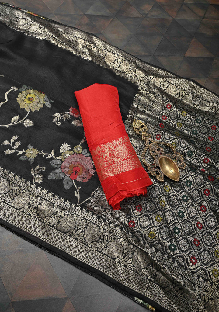 Exquisite Black Viscose Saree with Meenakari Floral Jaal and Zari Border