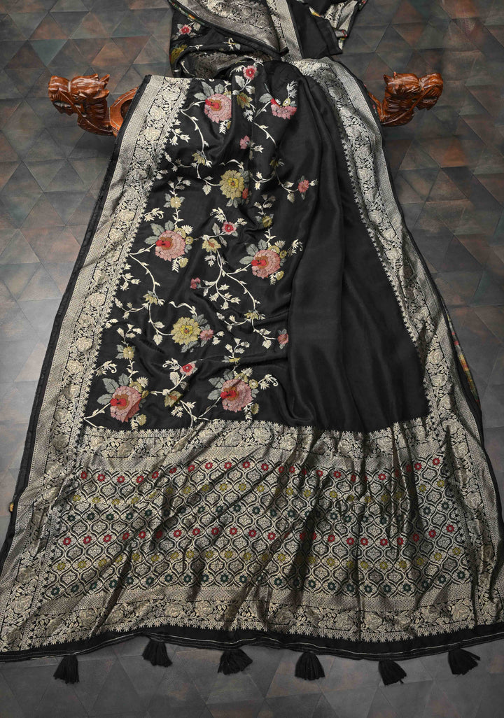 Exquisite Black Viscose Saree with Meenakari Floral Jaal and Zari Border