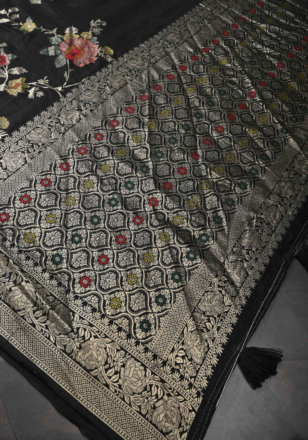 Exquisite Black Viscose Saree with Meenakari Floral Jaal and Zari Border