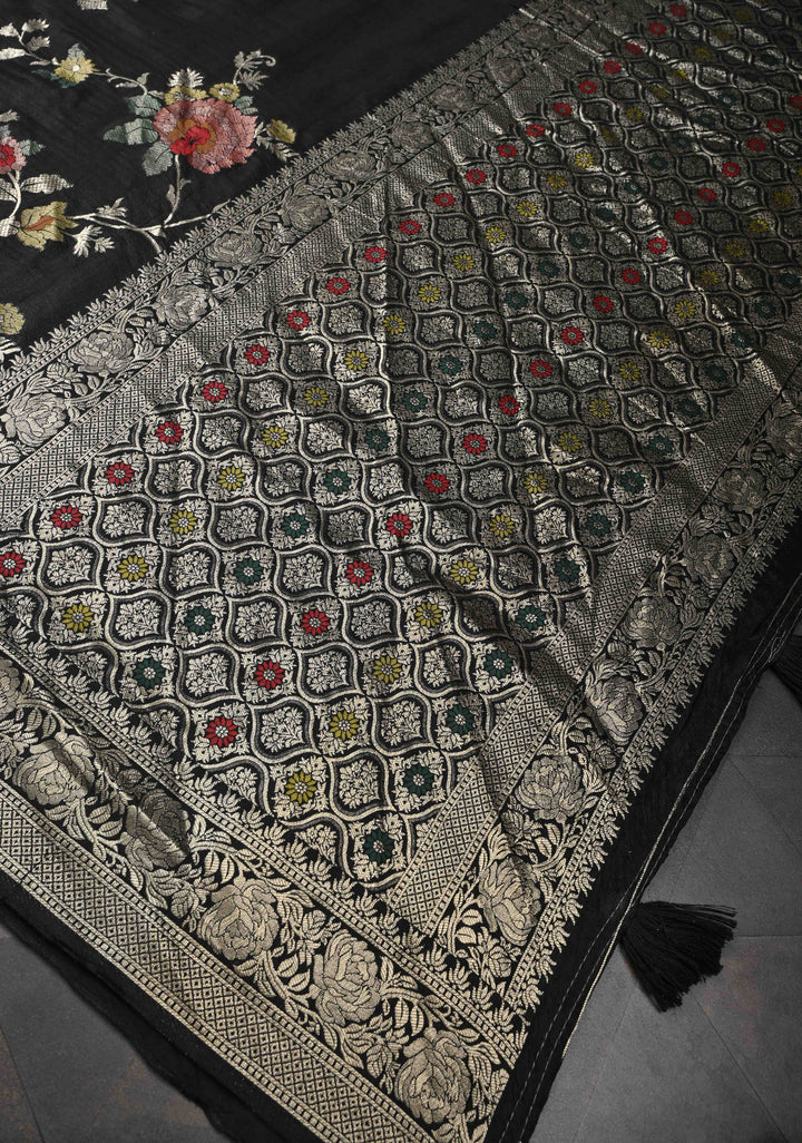 Exquisite Black Viscose Saree with Meenakari Floral Jaal and Zari Border