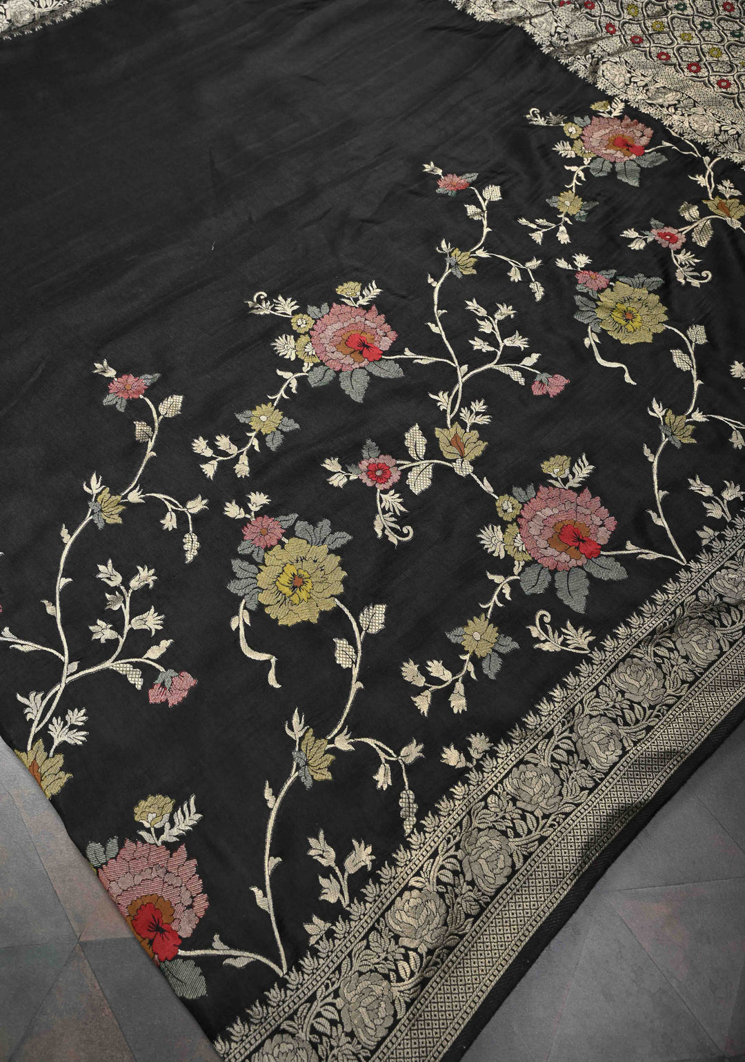Exquisite Black Viscose Saree with Meenakari Floral Jaal and Zari Border