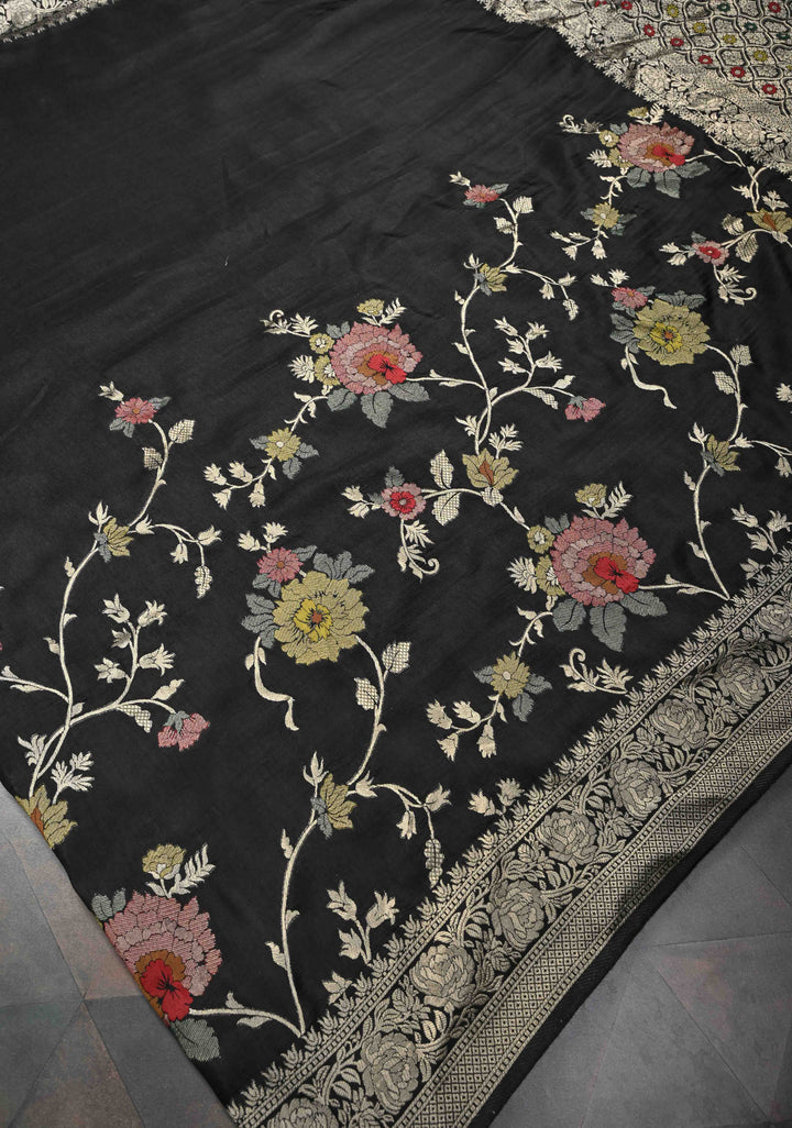 Exquisite Black Viscose Saree with Meenakari Floral Jaal and Zari Border
