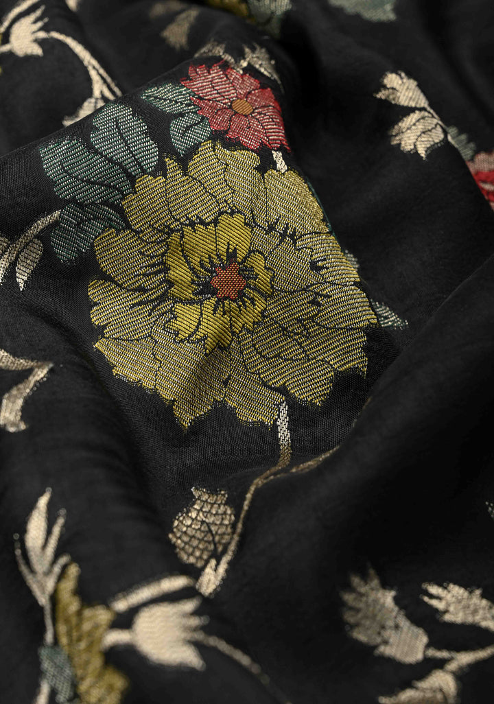 Exquisite Black Viscose Saree with Meenakari Floral Jaal and Zari Border
